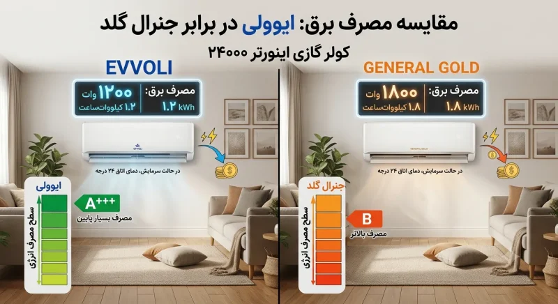 مقایسه مصرف برق کولر گازی ایوولی و جنرال گلد