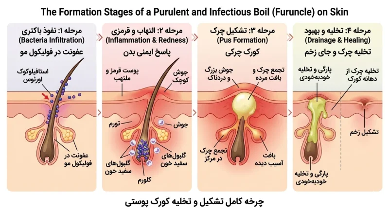 مراحل تشکیل کورک چرکی و عفونی روی پوست