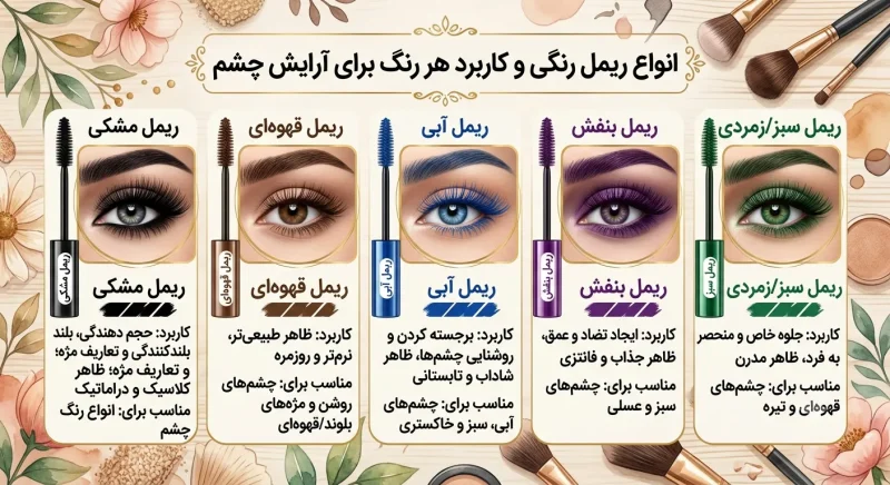 انواع ریمل رنگی و کاربرد هر رنگ برای آرایش چشم