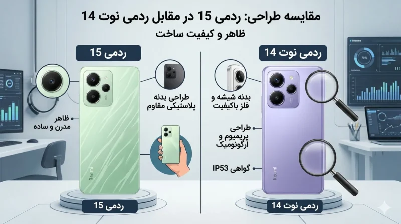 مقایسه طراحی ردمی 15 و ردمی نوت 14 از نظر ظاهر و کیفیت ساخت