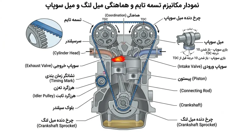 نمودار مکانیزم تسمه تایم و هماهنگی میللنگ و میلسوپاپ
