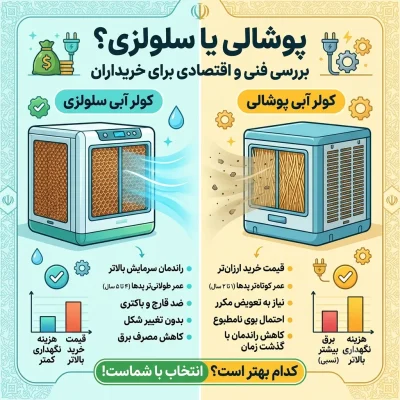 کولر آبی پوشالی بهتر است یا سلولزی؟ بررسی فنی و اقتصادی برای خریداران