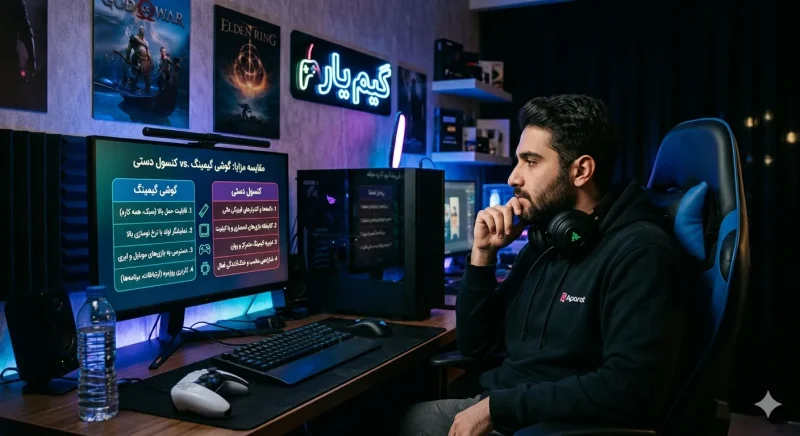 گیمری در حال فکر کردن در مقابل نمودار مقایسه مزایای گوشی گیمینگ و کنسول دستی