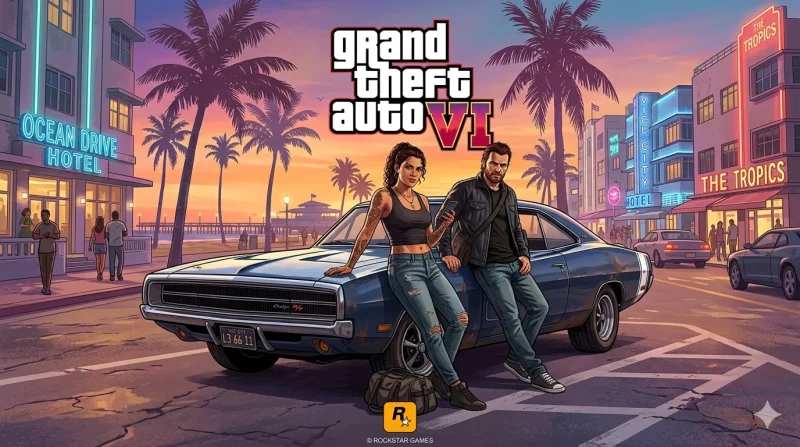 کاور آرت رسمی بازی GTA 6 با حضور لوسیا و جیسون در کنار خودروی عضلانی