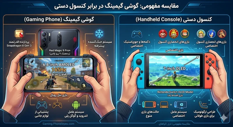 مقایسه مفهومی گوشی گیمینگ و کنسول دستی در کنار یکدیگر