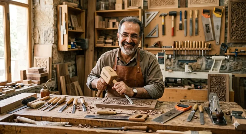 صنعتگر خوشحال و راضی در حال کار با ابزارآلات باکیفیت و حرفه‌ای
