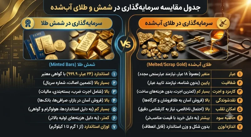 جدول مقایسه سرمایه‌گذاری در شمش و طلای آب‌شده
