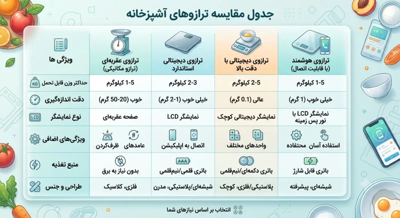 جدول مقایسه ترازوهای آشپزخانه