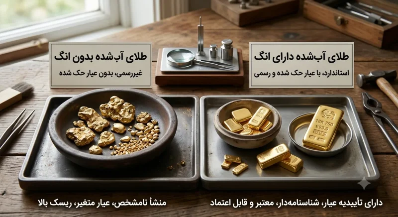 مقایسه طلای آب‌شده دارای انگ و بدون انگ