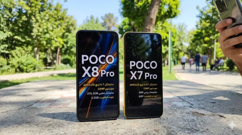 مقایسه روشنایی نمایشگر پوکو X8 Pro و X7 Pro نمایشگر روشن پوکو X8 پرو در کنار پوکو X7 پرو در محیط بیرون