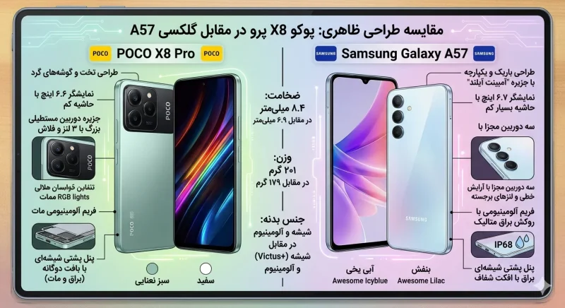 مقایسه طراحی ظاهری پوکو X8 پرو و گلکسی A57