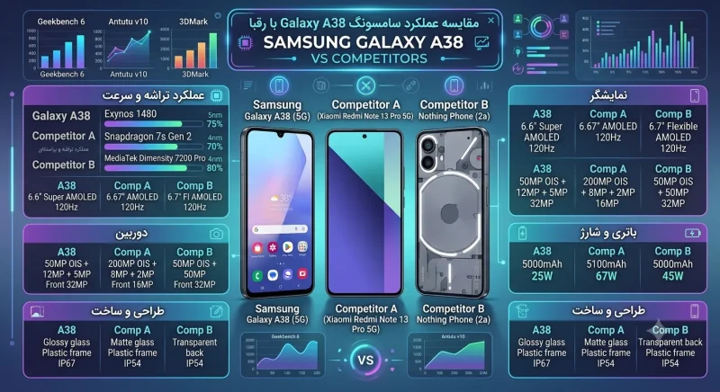 مقایسه عملکرد سامسونگ Galaxy A38 با رقبا