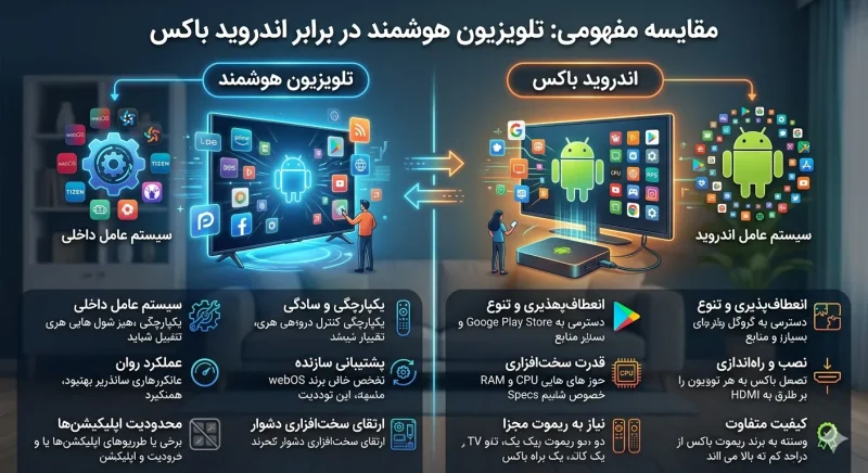مقایسه مفهومی تلویزیون هوشمند در برابر اندروید باکس