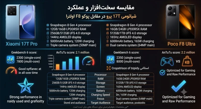 مقایسه سخت افزار و عملکرد شیائومی 17T پرو و پوکو F8 اولترا