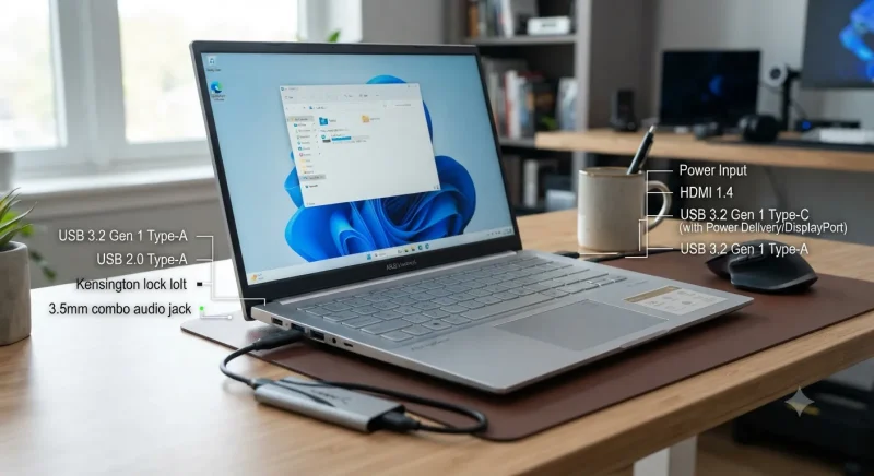 درگاه‌های متنوع و حافظه SSD در لپ‌تاپ ایسوس A14 ایر