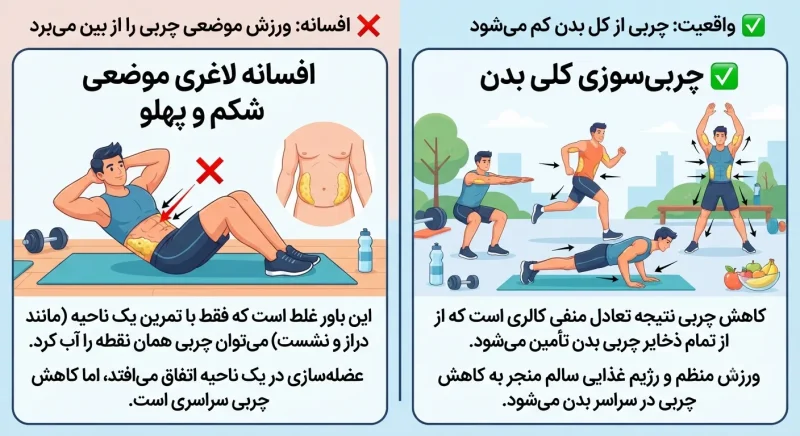 توضیح افسانه لاغری موضعی شکم و پهلو در مقابل روش چربی‌سوزی کلی بدن