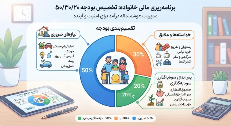 نمودار دایره‌ای تخصیص بودجه بر اساس فرمول پس‌انداز ۵۰/۳۰/۲۰ برای مدیریت مالی خانواده