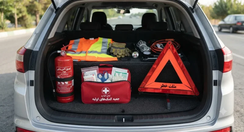 مجموعه کاملی از وسایل ایمنی و اضطراری خودرو شامل کپسول آتش نشانی، جعبه کمک های اولیه و مثلث خطر