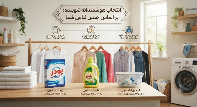 تصویر مفهومی از انتخاب شوینده مناسب بین پودر، مایع و قرص لباسشویی با در نظر گرفتن جنس لباس