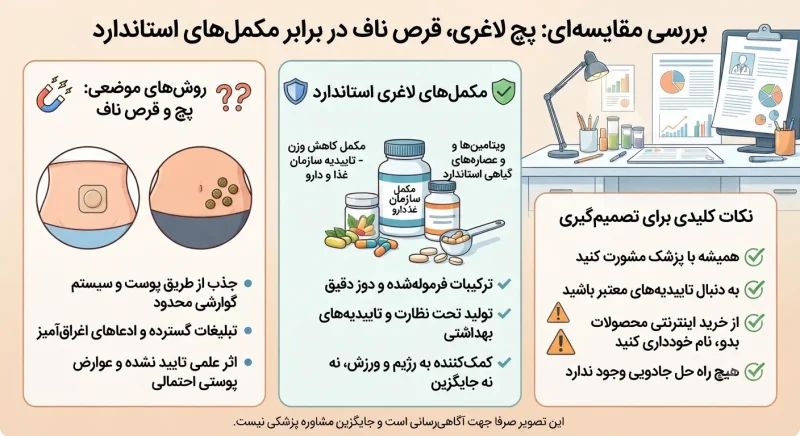 مقایسه قرص ناف لاغری و چسب لاغری با مکمل های استاندارد