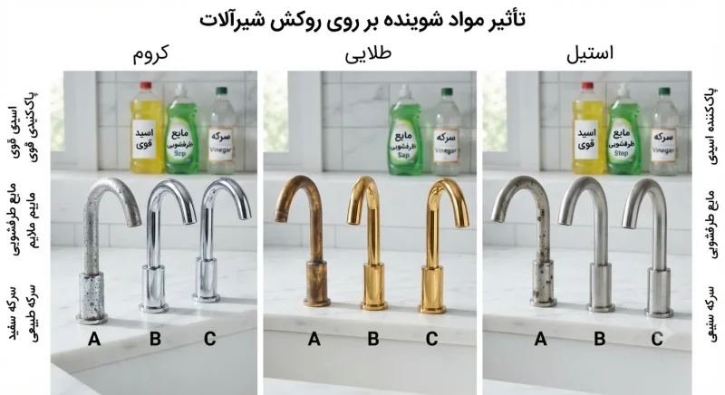 مقایسه تأثیر مواد شوینده مختلف بر روی روکش‌های کروم، طلایی و استیل ضدزنگ شیرآلات