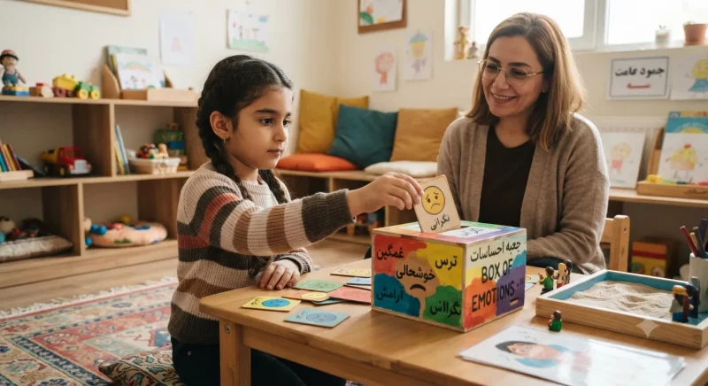 بازی درمانی با جعبه احساسات برای کاهش اضطراب کودکان کودکی در حال بازی درمانی با جعبه احساسات برای کاهش اضطراب