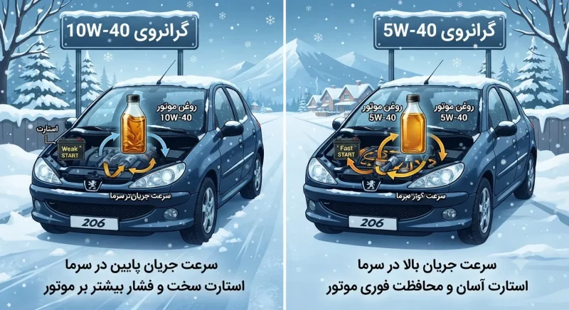 مقایسه گرانروی روغن موتور 10W-40 و 5W-40 برای 206 تیپ 2 در زمستان