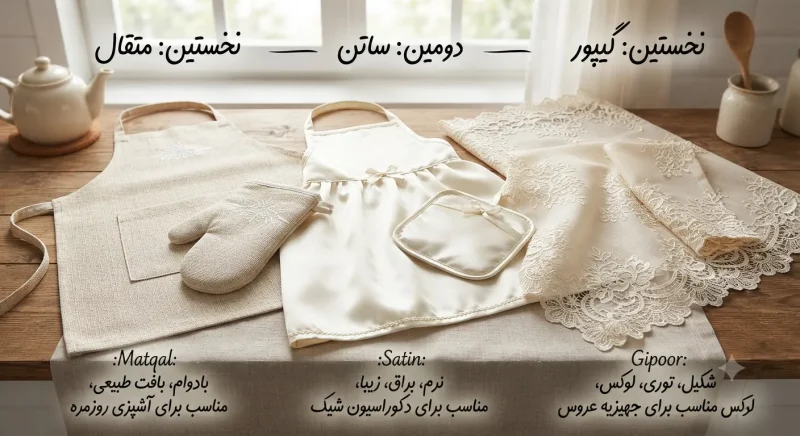 مقایسه جنس پارچه متقال، ساتن و گیپور در سرویس آشپزخانه پارچه‌ای عروس