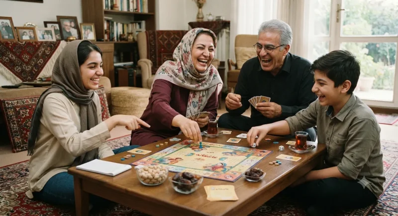 دورهمی شاد خانوادگی با بازی رومیزی اعضای خانواده در حال خنده و بازی کردن یک بازی رومیزی ایرانی دور میز نشیمن