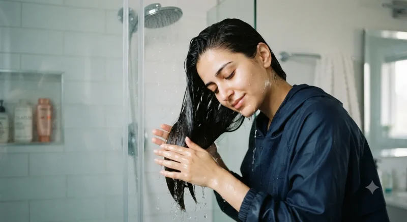 زن در حال شستشوی ملایم موهای پروتئین تراپی شده با آب خنک