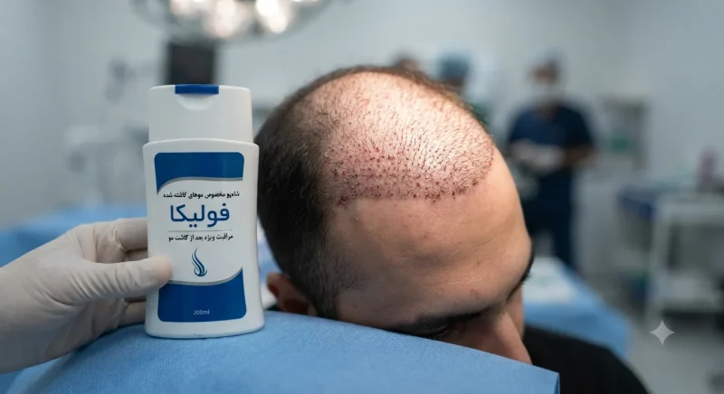 تصویر بسته از فولیکول‌های تازه کاشته شده و شامپوی مخصوص مراقبت از موهای کاشته شده