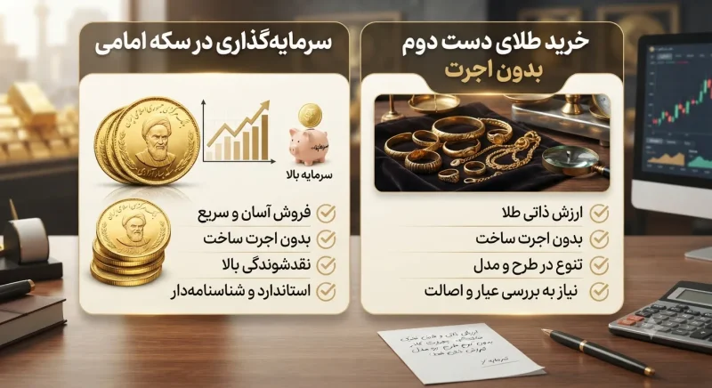 تصویر مقایسه سرمایه‌گذاری در سکه امامی و خرید طلای دست دوم بدون اجرت
