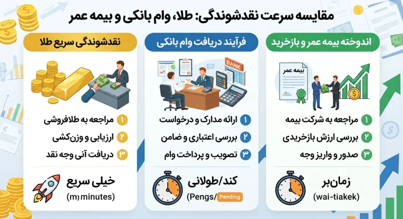 مقایسه سرعت نقدشوندگی طلا با فرآیند دریافت وام و اندوخته بیمه عمر