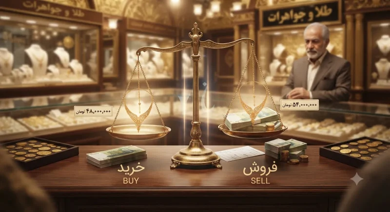 تصویری مفهومی از تفاوت قیمت خرید و فروش طلا با نمایش گردنبند و ترازوی طلافروشی