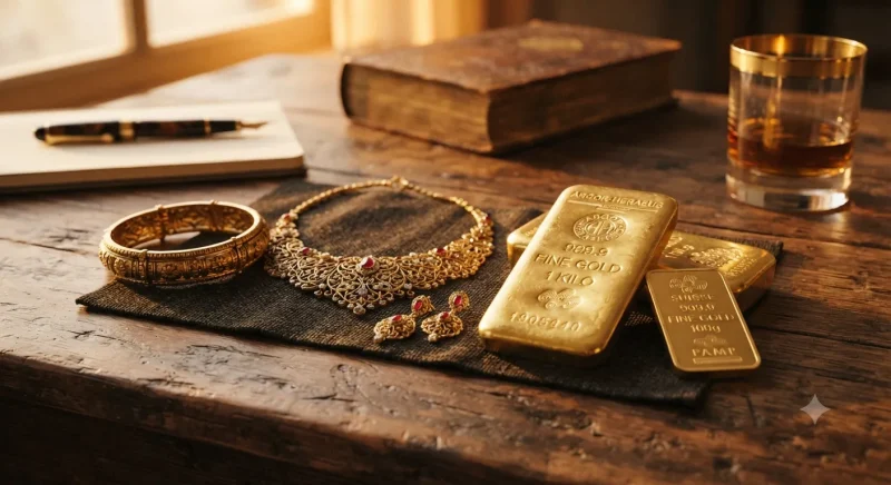 طلای زینتی و شمش طلا روی میز چوبی با نور گرم