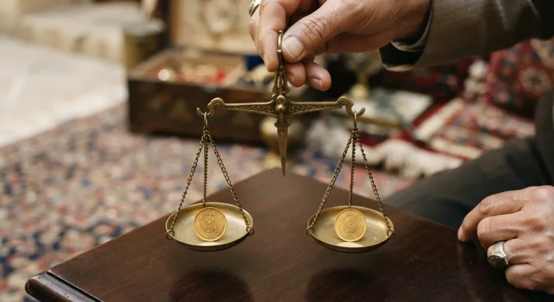 دست ترازو با سکه گرمی در یک کفه و سکه پارسیان در کفه دیگر