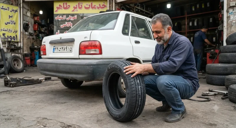 راننده پراید در حال بررسی لاستیک نو و باکیفیت