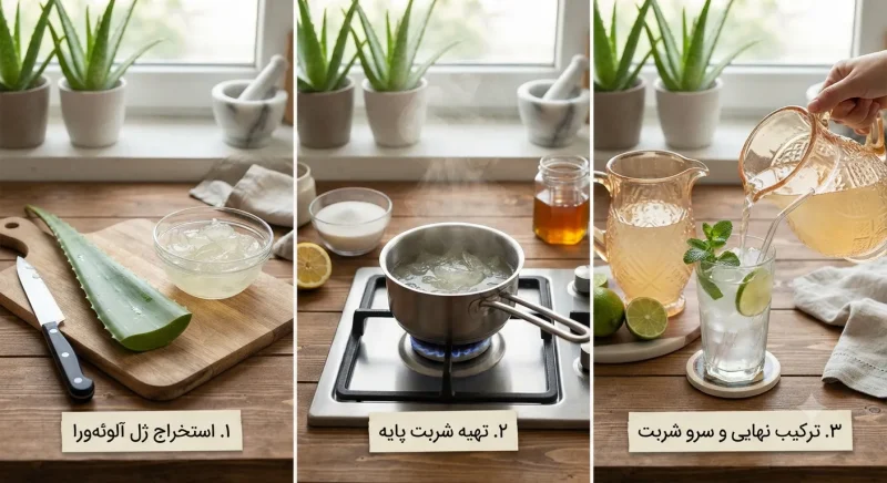 مراحل مختلف طرز تهیه شربت آلوورا خانگی مراحل درست کردن شربت آلوئهورا خانگی شامل ژل، شربت و ترکیب نهایی
