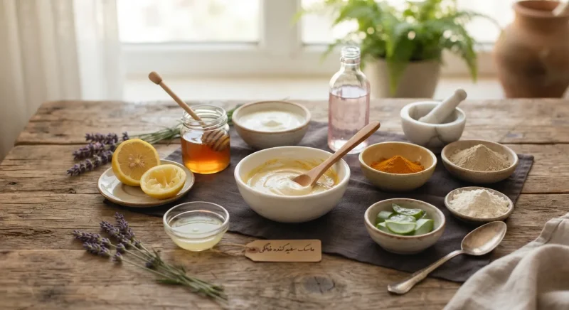 مواد اولیه طبیعی برای ساخت ماسک صورت خانگی سفید کننده روی میز چوبی