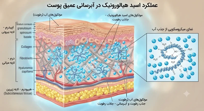مولکول هیالورونیک اسید در حال جذب رطوبت و آبرسانی به لایه‌های پوست