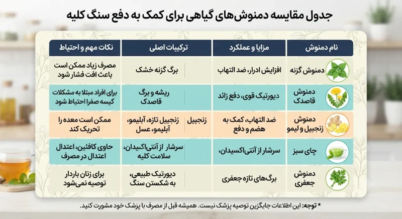 جدول مقایسه دمنوش‌ها برای دفع سنگ کلیه
