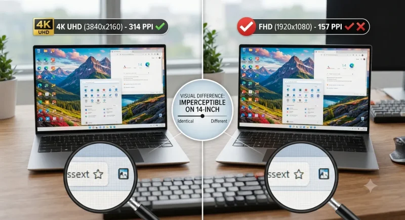 مقایسه بصری عدم تأثیر رزولوشن 4K در اندازه نمایشگرهای کوچک لپ تاپ