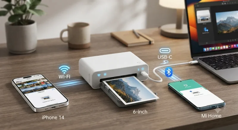 اتصالات بی‌سیم و کابلی پرینتر عکس میجیا ۲ شامل وای‌فای، بلوتوث و USB-C
