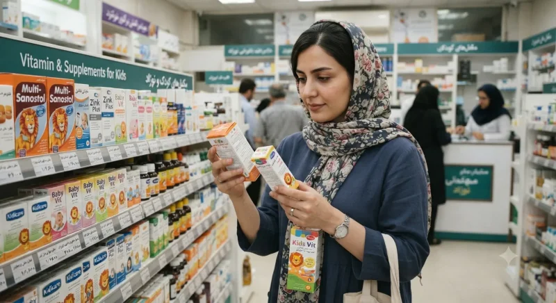 مادر در حال بررسی و انتخاب قطره مولتی ویتامین در داروخانه
