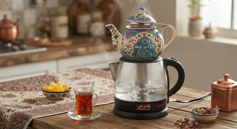چای ساز پارس خزر با قوری چینی فانتزی و طراحی سنتی