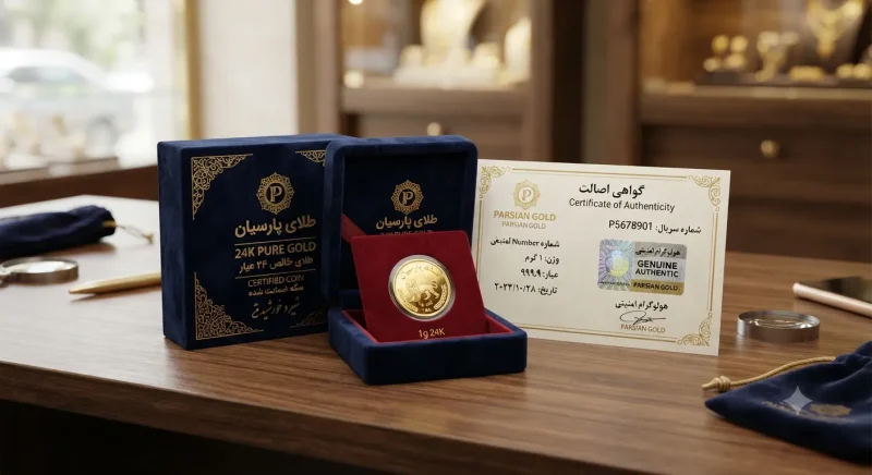 جعبه طلای پارسیان با هولوگرام و گواهی اصالت روی میز
