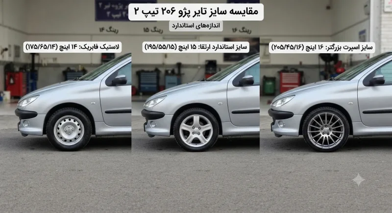 مقایسه ایمنی و فنی سایز لاستیک حداکثر در ۲۰۶ تیپ ۲ مقایسه بصری سایزهای مختلف لاستیک روی رینگ پژو ۲۰۶ تیپ ۲
