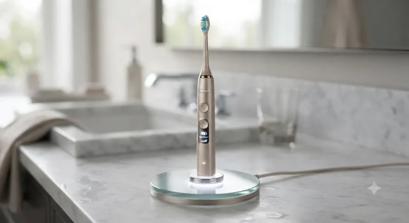 نمای نزدیک از مسواک برقی هوشمند فیلیپس DiamondClean 9900 Prestige روی یک پایه شارژ شیشه‌ای