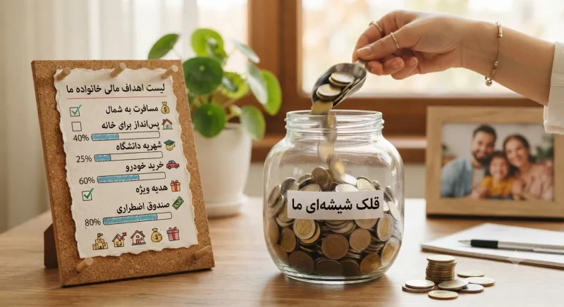 تصویر مفهومی یک قلک شیشه‌ای در حال پر شدن با سکه در کنار یک لیست اهداف مالی خانوادگی