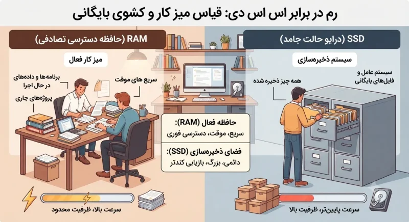 تفاوت کاربردی رم و اس اس دی مقایسه مفهوم رم و اس اس دی با مثال میز کار و کشوی بایگانی